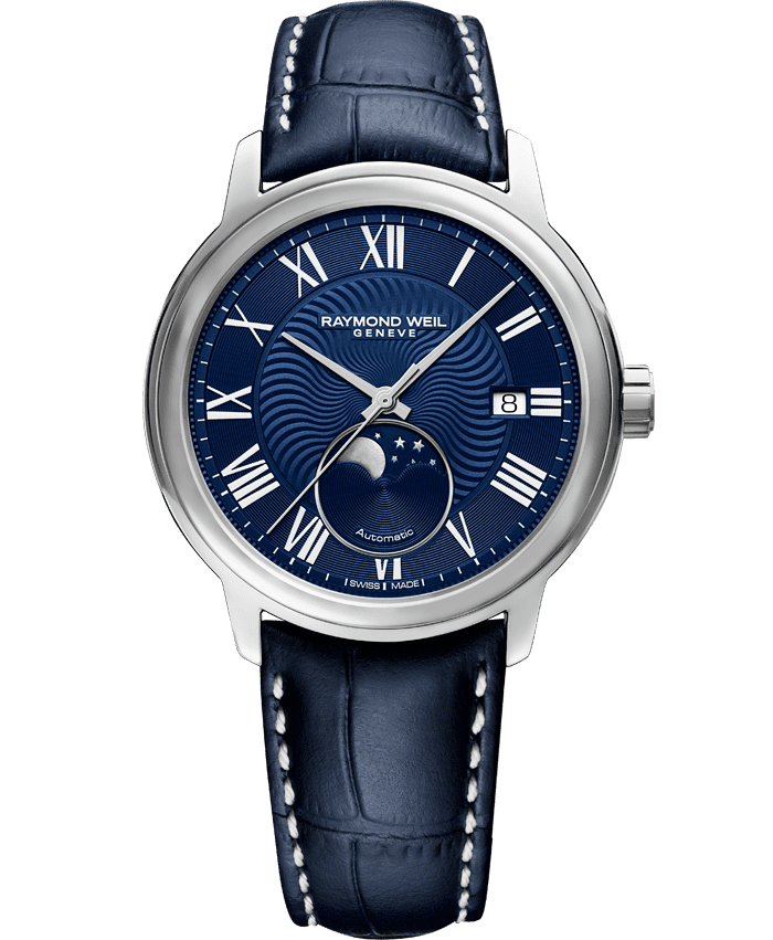 Maestro Men’s Moon Phase Automatic Blue Leather Men’s Watch, 40mm