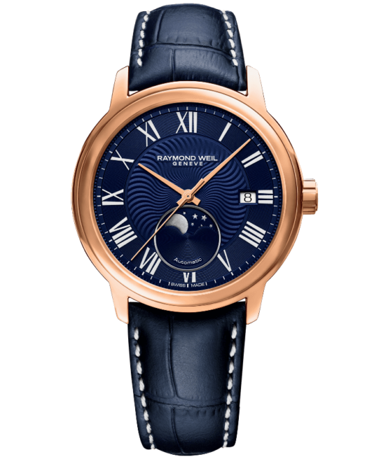 Maestro Men’s Moon Phase Automatic Blue Leather Watch, 40mm